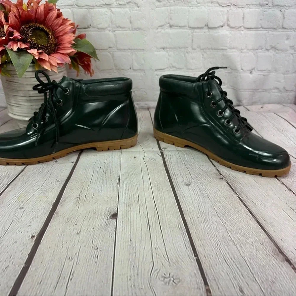 lands' end vintage 90s rain boots forest green tan ankle lace up womens sz 9